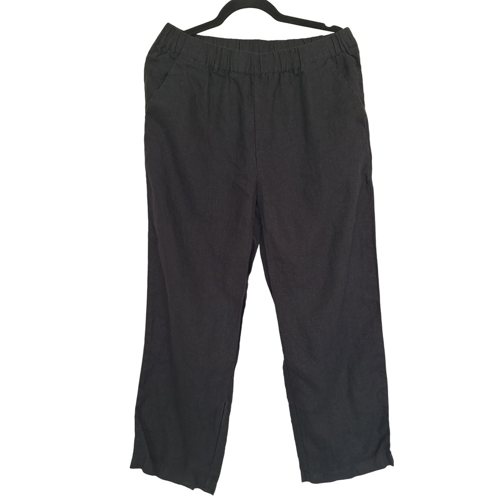 Quince Womens Black Linen Straight Leg Elastic Waist Pull On Pants Size Medium